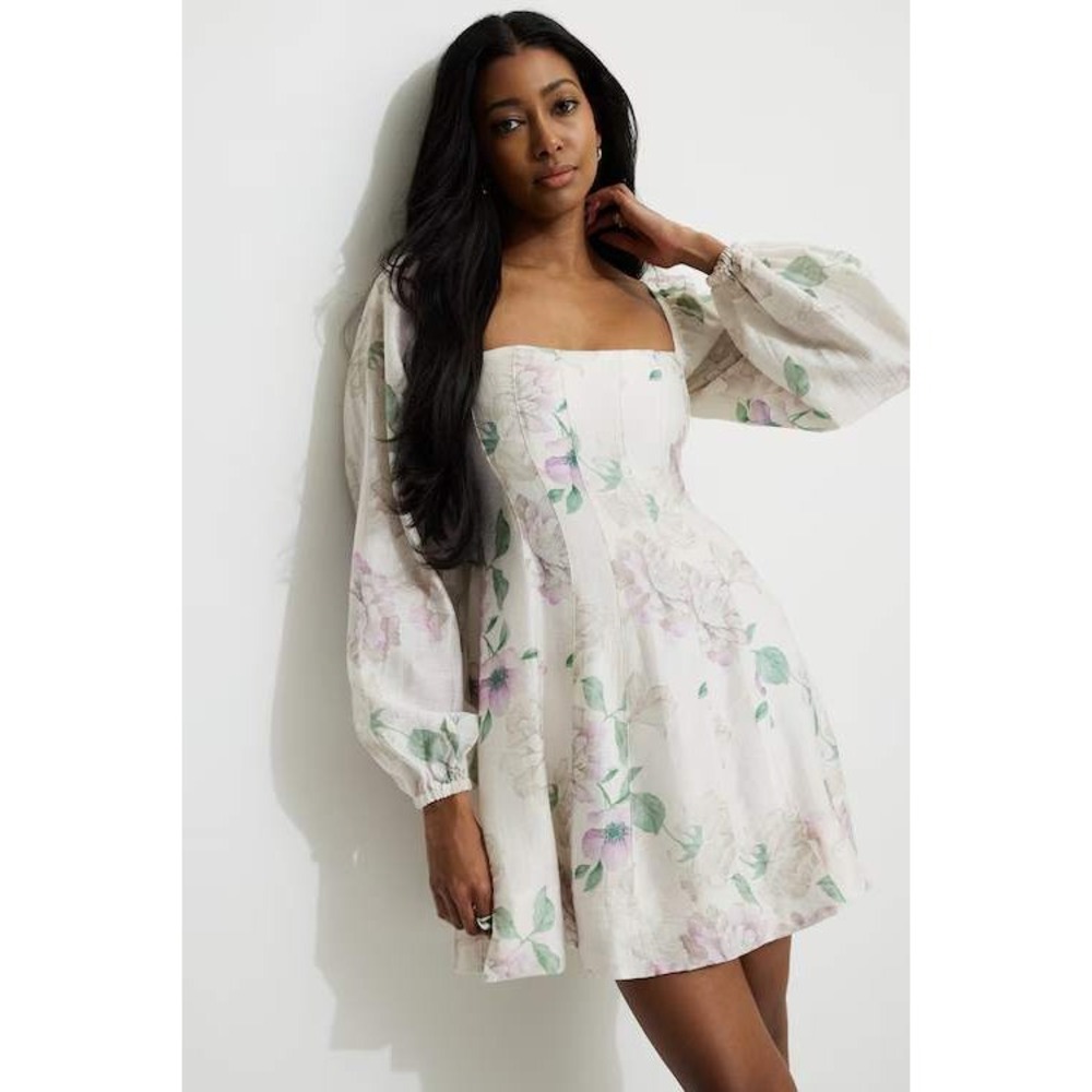 Dynamite Amelie Balloon Sleeve Mini Dress Light Pink Floral Linen Lyocell Small
